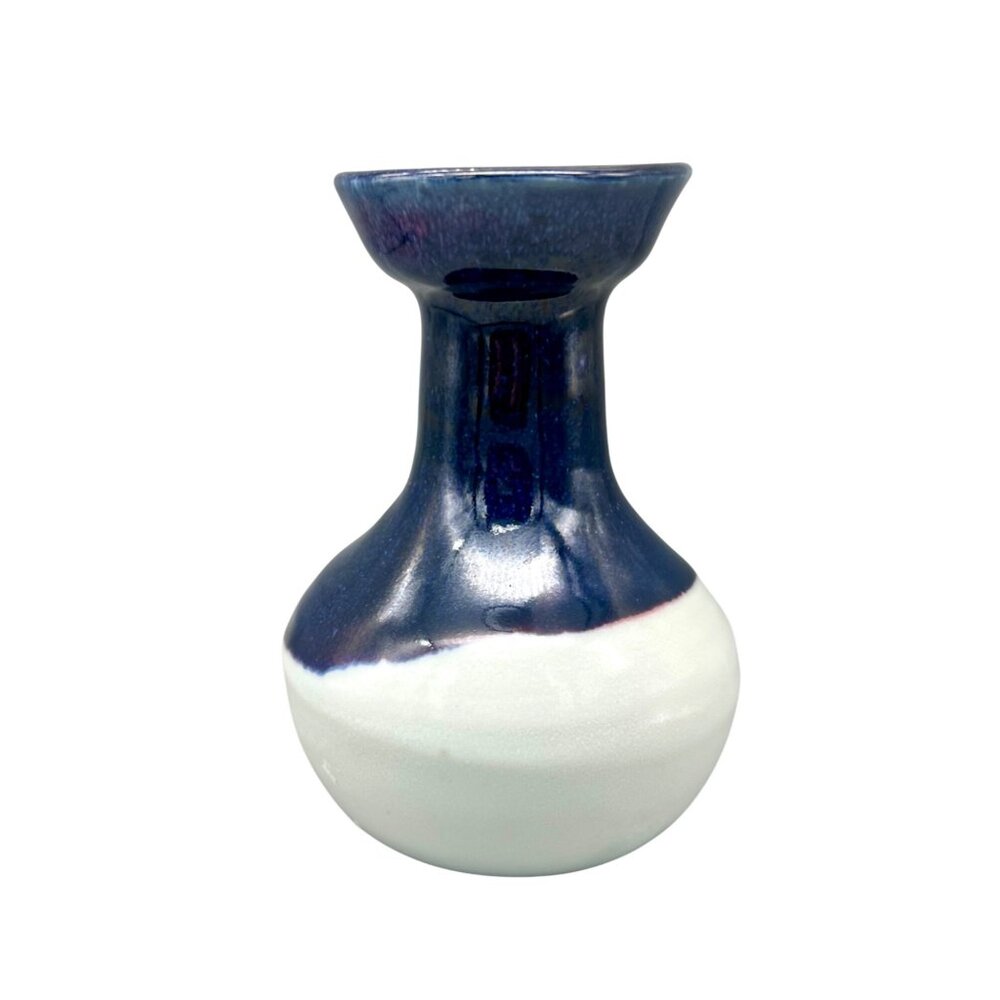 Art Studio Pottery Two-Tone Ceramic Vase In Blue & White Glaze 5.25"H Minimalist - Picture 2 of 9